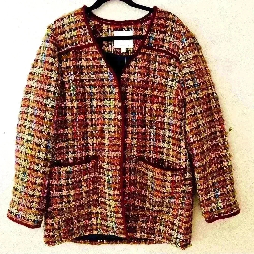 ANTHROPOLOGIE L NWT  MULTICOLORED FRINGE ARTSY LINED BOHO EARTHY‎ AUTUMM JACKET